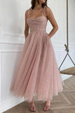 Straps Tea Length Pink Prom Dresses Tulle Homecoming Dresses PD453 - Pgmdress