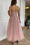 Straps Tea Length Pink Prom Dresses Tulle Homecoming Dresses PD453 - Pgmdress