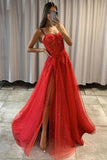Sweetheart A-line Red Lace Sparkly Tulle Prom Dresses Formal Dresses PSK372