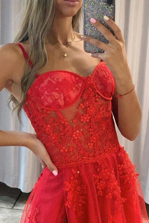 Sweetheart A-line Red Lace Sparkly Tulle Prom Dresses Formal Dresses PSK372 - Pgmdress