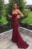 Sweetheart Mermaid Burgundy Lace Prom Dress Strapless Evening Dress PSK427