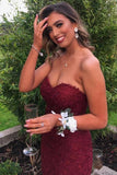 Sweetheart Mermaid Burgundy Lace Prom Dress Strapless Evening Dress PSK427 - Pgmdress
