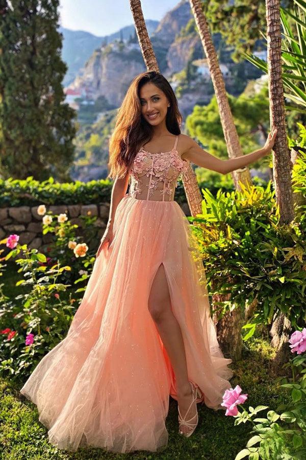Sweetheart Neck Pink Lace Prom Dresses Split Formal Dresses PSK280 - Pgmdress
