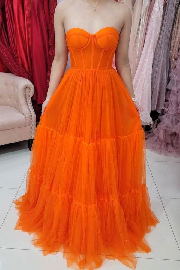 Sweetheart Strapless Orange Tulle Evening Dress Corset Bodice Prom Dress PSK256 - Pgmdress