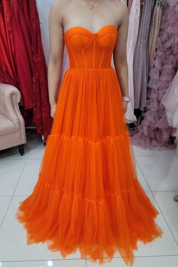 Sweetheart Strapless Orange Tulle Evening Dress Corset Bodice Prom Dress PSK256 - Pgmdress