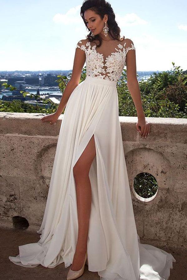 Top lace Appliques Side Slit Chiffon Party Evening Prom Dresses PG413 - Pgmdress
