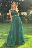 Tulle Scoop Neckline 2 Pieces Evening Gown Prom Dresses With Appliqued  PSK245