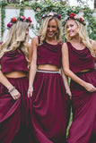 Two Piece A Line Burgundy Long  Bridesmaid Dresses  BD095 - Pgmdress