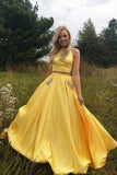 Two Piece Halter Neck Satin Long Prom Dress With Beading Pocket PSK374