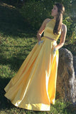 Two Piece Halter Neck Satin Long Prom Dress With Beading Pocket PSK374 - Pgmdress