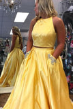 Two Piece Halter Neck Satin Long Prom Dress With Beading Pocket PSK374 - Pgmdress