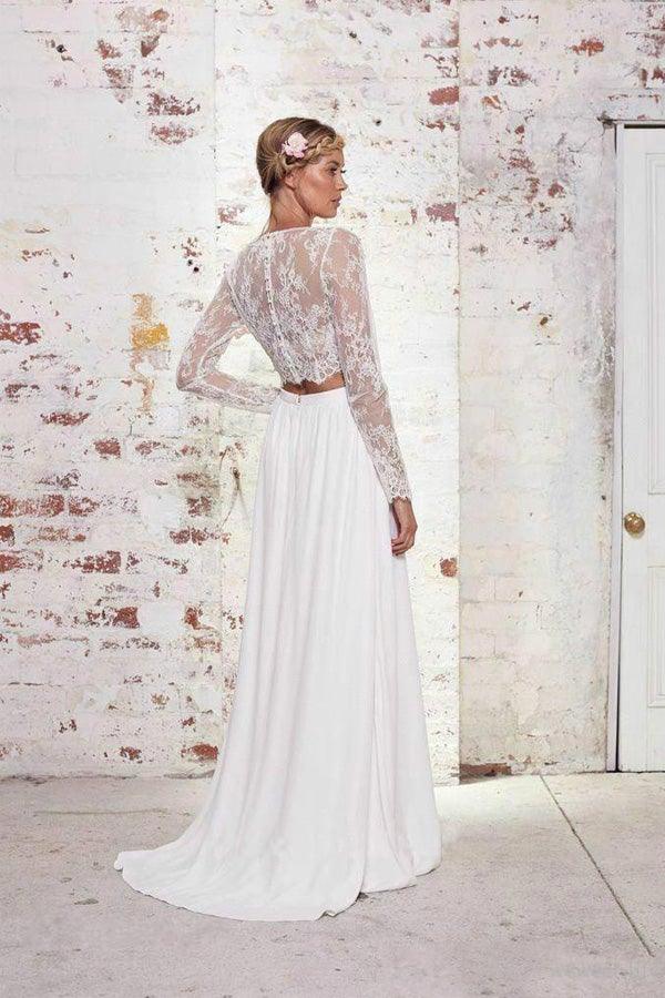 Two Pieces Long Sleeves Lace White Beach Wedding Bridal Dresses WD383 - Pgmdress
