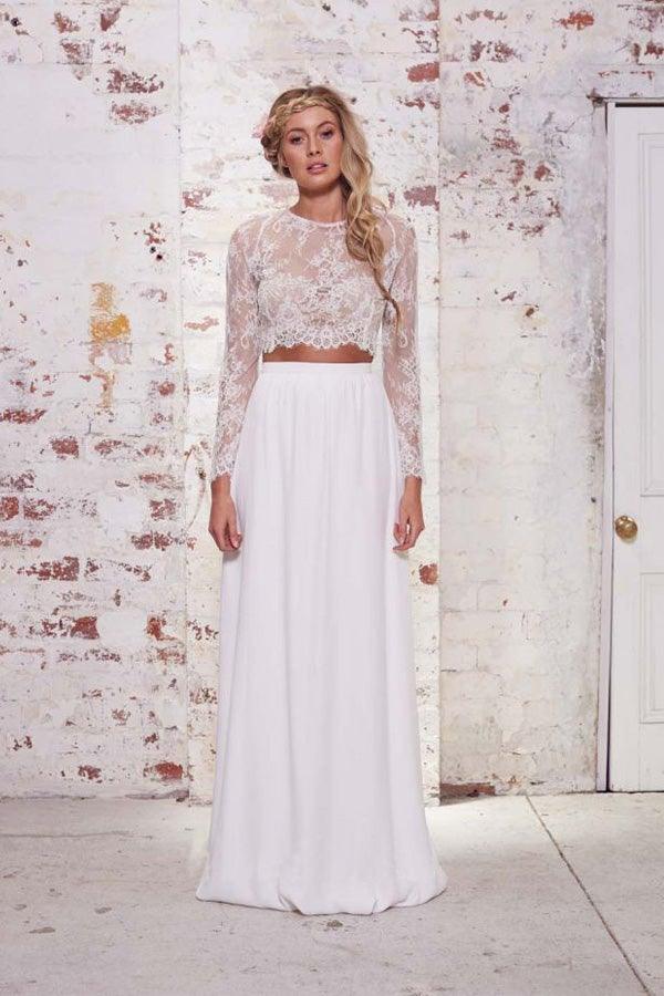 Two Pieces Long Sleeves Lace White Beach Wedding Bridal Dresses WD383 - Pgmdress