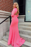 V-Neck Backless Champagne Prom Formal Dress with Long Sleeves PSK315 - Pgmdress