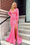 V-Neck Backless Pink Prom Formal Dress with Long Sleeves  PSK315