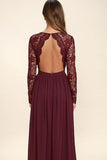 V-neck Long Sleevs Dark Burgundy Lace Chiffon Prom Dress Evening Dress PG409 - Pgmdress