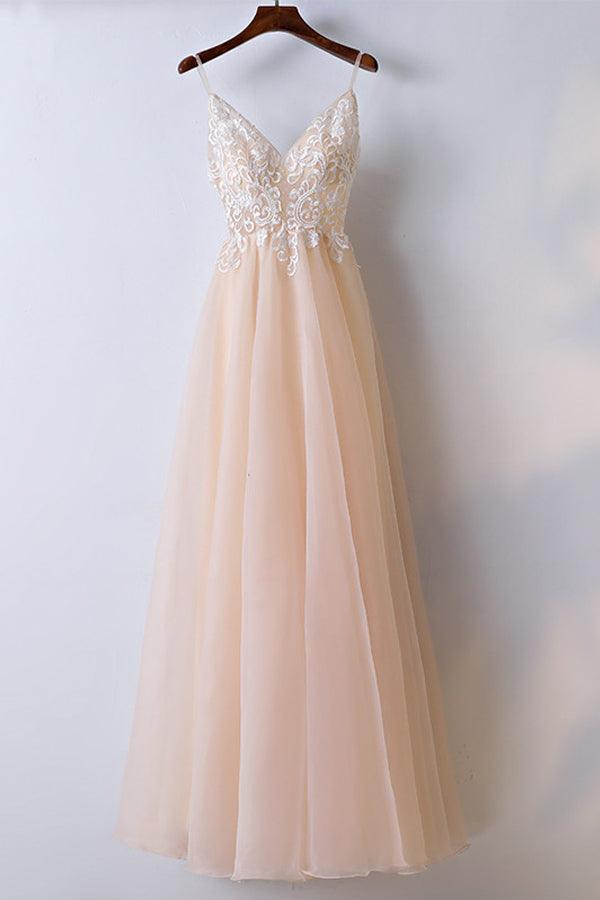 V Neck Lace Tulle Long Prom/Evening Dress With Spaghetti Straps PG597 - Pgmdress
