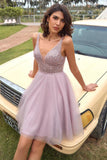 V Neck Open Back Blush Pink Sequin Short Prom Homcoming Dress PD433