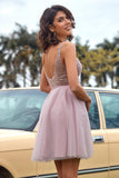 V Neck Open Back Blush Pink Sequin Short Prom Homcoming Dress PD433 - Pgmdress