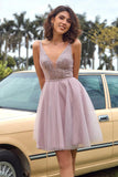 V Neck Open Back Blush Pink Sequin Short Prom Homcoming Dress PD433 - Pgmdress