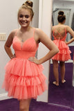 V Neck Layered Coral Short Prom Dresses Homecoming Dresses PD446 - Pgmdress