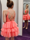 V Neck Layered Coral Short Prom Dresses Homecoming Dresses PD446 - Pgmdress