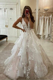 V Neckline Tired Tulle A-line Lace Wedding Dress Floor Length WD608 - Pgmdress