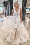 V Neckline Tired Tulle A-line Lace Wedding Dress Floor Length WD608 - Pgmdress