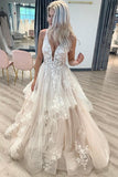 V Neckline Tired Tulle A-line Lace Wedding Dress Floor Length WD608 - Pgmdress