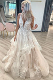 V Neckline Tired Tulle A-line Lace Wedding Dress Floor Length  WD608