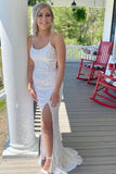 White Sequins Long Prom Dresses Backless Mermaid Formal Dress PSK357