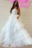 White Strapless Tiered A-Line Long Prom Dress with Ruffles PSK410 - Pgmdress