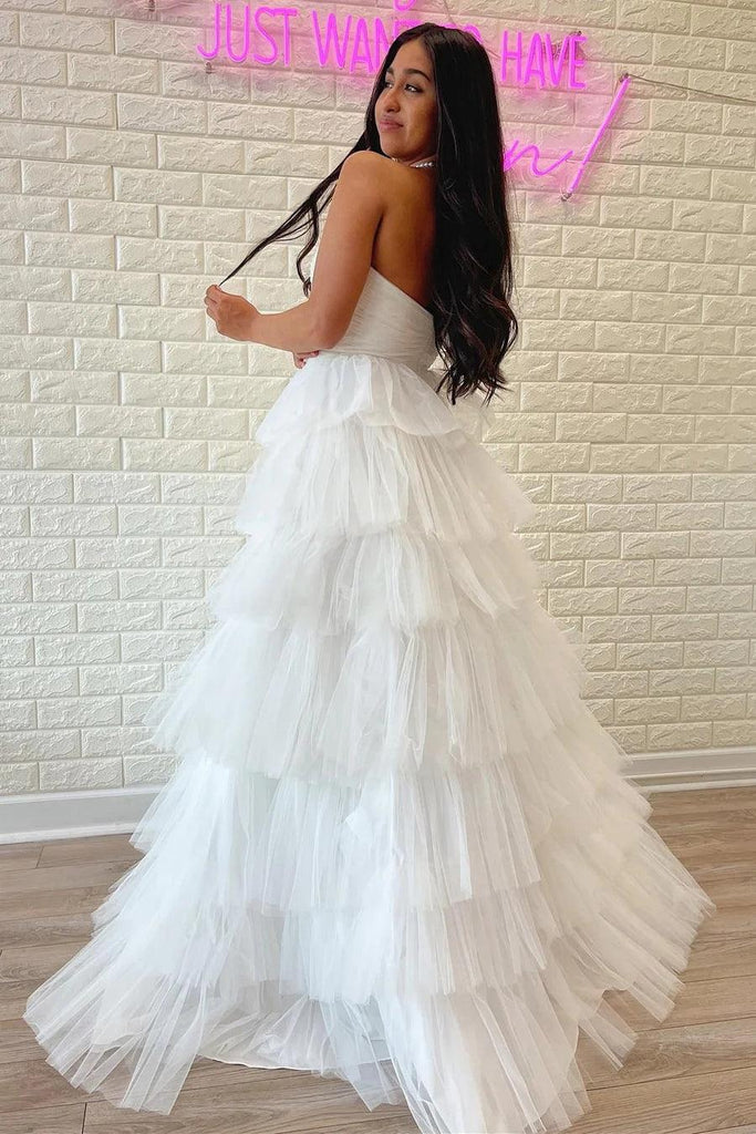 White Strapless Tiered A-Line Long Prom Dress with Ruffles PSK410 - Pgmdress