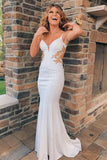 Weißes, rückenfreies, formelles Abendkleid im Meerjungfrau-Stil mit V-Ausschnitt und Applikationen PSK380