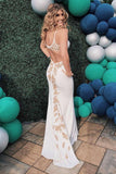 White V-Neck Appliques Backless Mermaid Long Formal Prom Dress PSK380 - Pgmdress