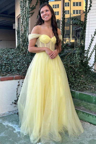 off shoulder yellow prom dress Off The Shoulder Yellow Prom Dresses - Long & Short Prom Gowns