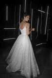 A Line Backless Beach Wedding Dress V Neck Sequins Ivory Wedding Gowns WD294 - Pgmdress