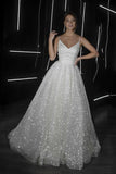 A Line Backless Beach Wedding Dress V Neck Sequins Ivory Wedding Gowns   WD294