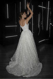 A Line Backless Beach Wedding Dress V Neck Sequins Ivory Wedding Gowns WD294 - Pgmdress