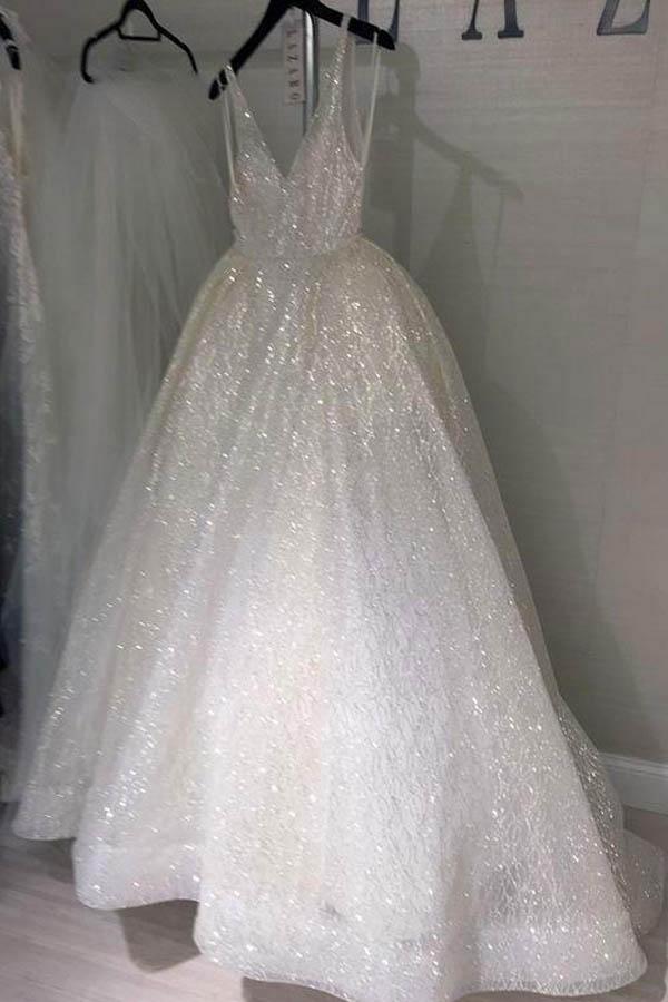 A Line Backless Beach Wedding Dress V Neck Sequins Ivory Wedding Gowns WD294 - Pgmdress