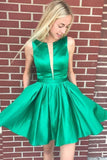A-line Bateau Backless Knee Length Green Homecoming Dress with Pockets  PD380