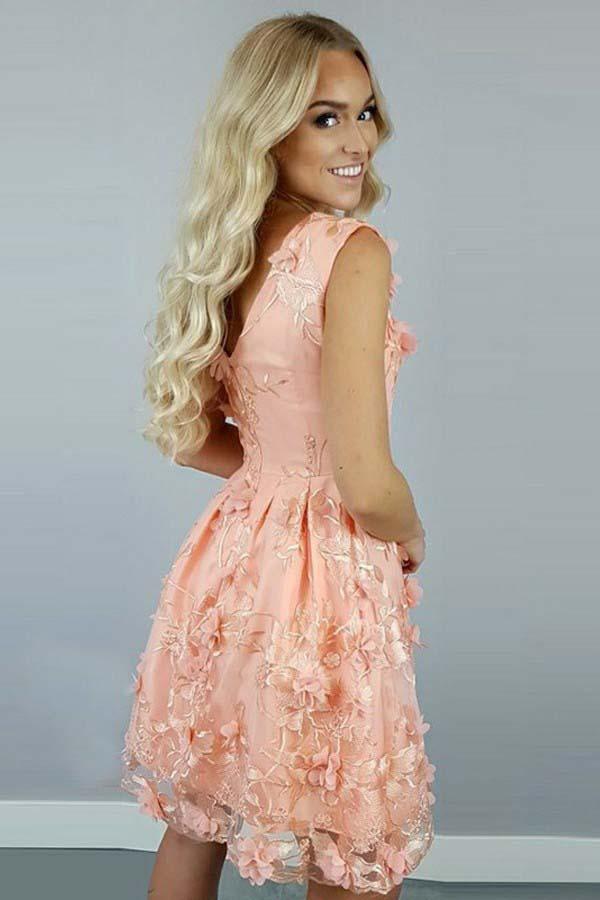 A-Line Bateau Coral Satin Homecoming Dress with Appliques Flowers PD112 - Pgmdress