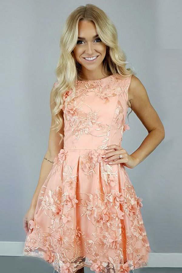 A-Line Bateau Coral Satin Homecoming Dress with Appliques Flowers PD112 - Pgmdress