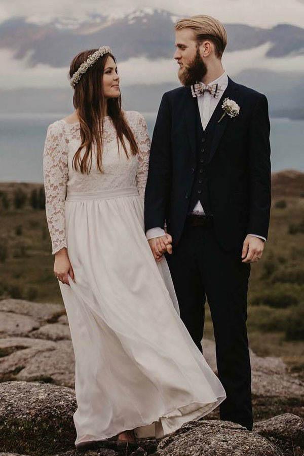 A-Line Bateau Floor Length Chiffon Wedding Dress with Long Sleeves WD319 - Pgmdress