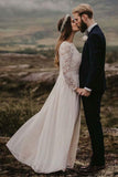 A-Line Bateau Floor Length Chiffon Wedding Dress with Long Sleeves WD319 - Pgmdress