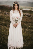 A-Line Bateau Floor Length Chiffon Wedding Dress with Long Sleeves  WD319