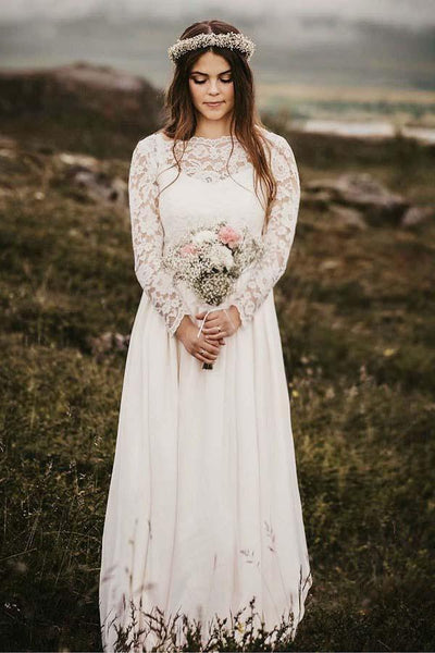 A-Line Bateau Floor Length Rustic Long Sleeves Wedding Dress WD319 US14 / Ivory