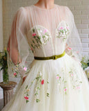 A-line Bateau Illusion Long Sleeves Tulle Prom Dress With Embroidery PSK148 - Pgmdress