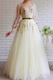 A-line Bateau Illusion Long Sleeves Tulle Prom Dress With Embroidery PSK148