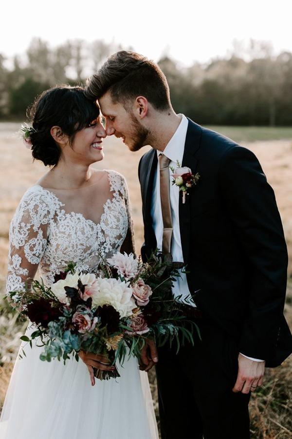 A Line Bateau Long Sleeve Rustic Lace Wedding Dresses Bridal Dress WD522 - Pgmdress